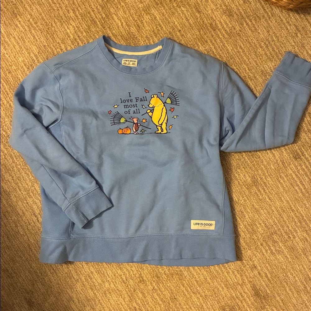 Life Is Good Blue Sweatshirt with Fall Graphic